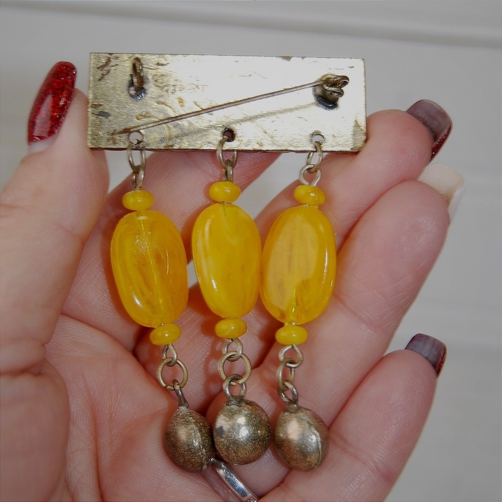 Yellow Brooch Vintage Beaded Dangle Silver-tone Glass bead Statement Jewelry - Picture 5 of 8